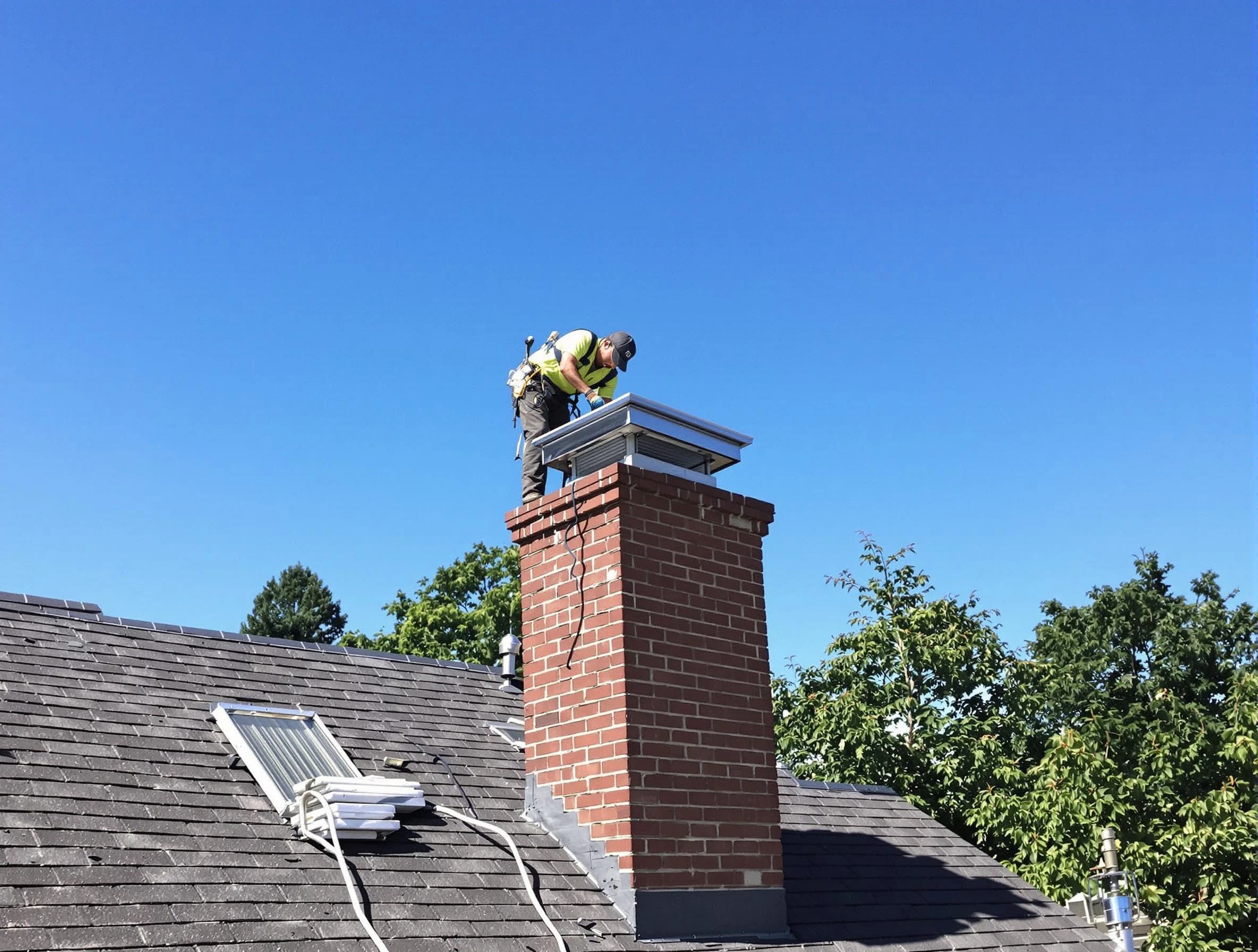 Hopewell Chimney Sweep technician measuring a chimney cap in Hopewell, VA